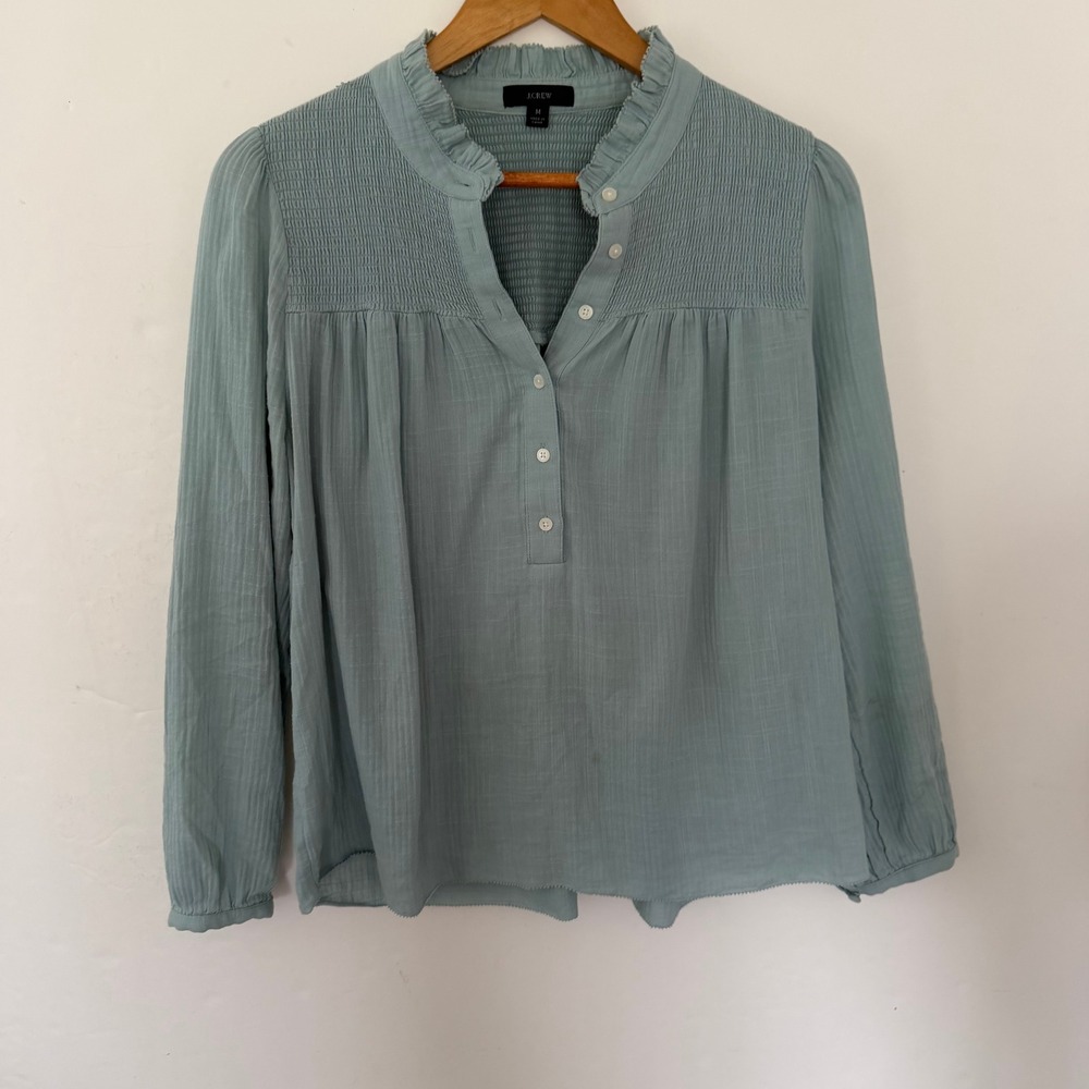 J. Crew Womens Blue Smocked Ruffle Neck Blouse Size M Re-Imagined Top READ